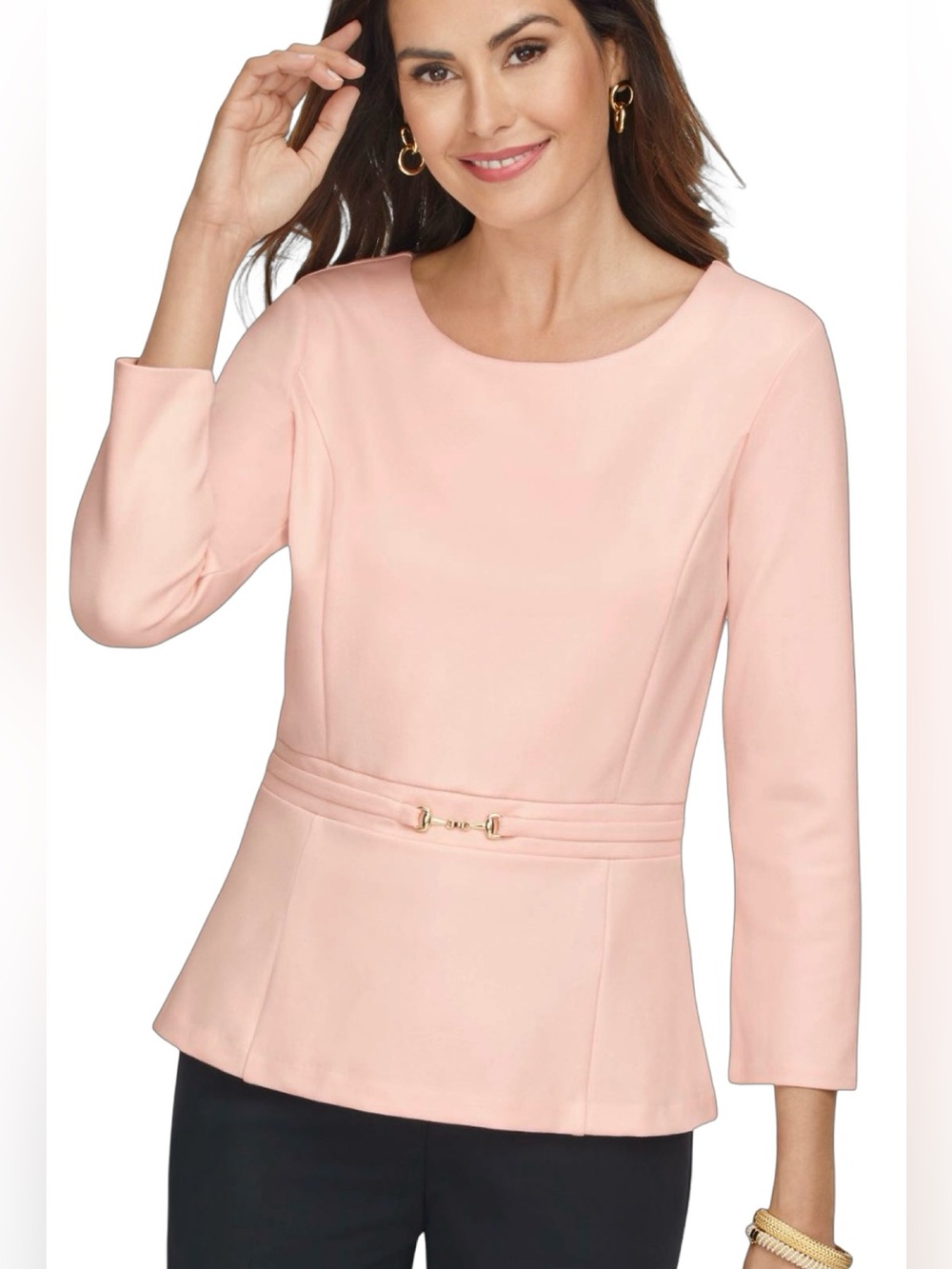 Talbots Pink Ponte Peplum 3/4 Sleeve Top with a Horse Bit Buckle at Waist Largge